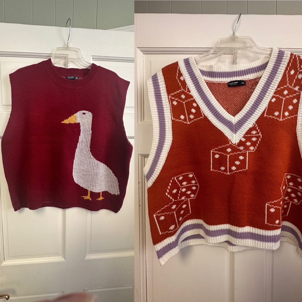 2 Sweater Vests 2XL EUC Duck Vest & Dice Vest Cropped Unique Plus Spring Summer